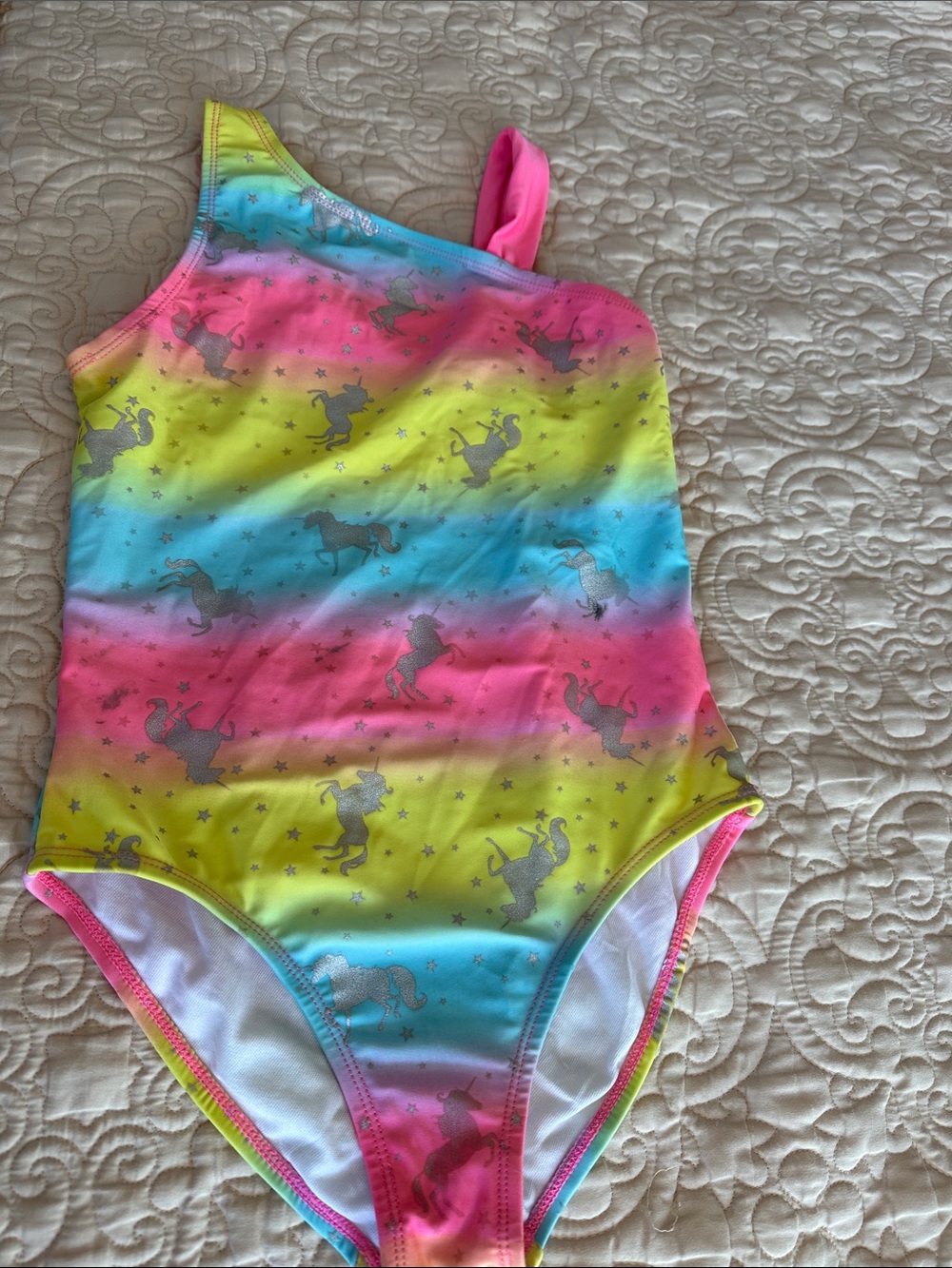 Girls Rainbow Unicorn One-Shoulder Swimsuit
